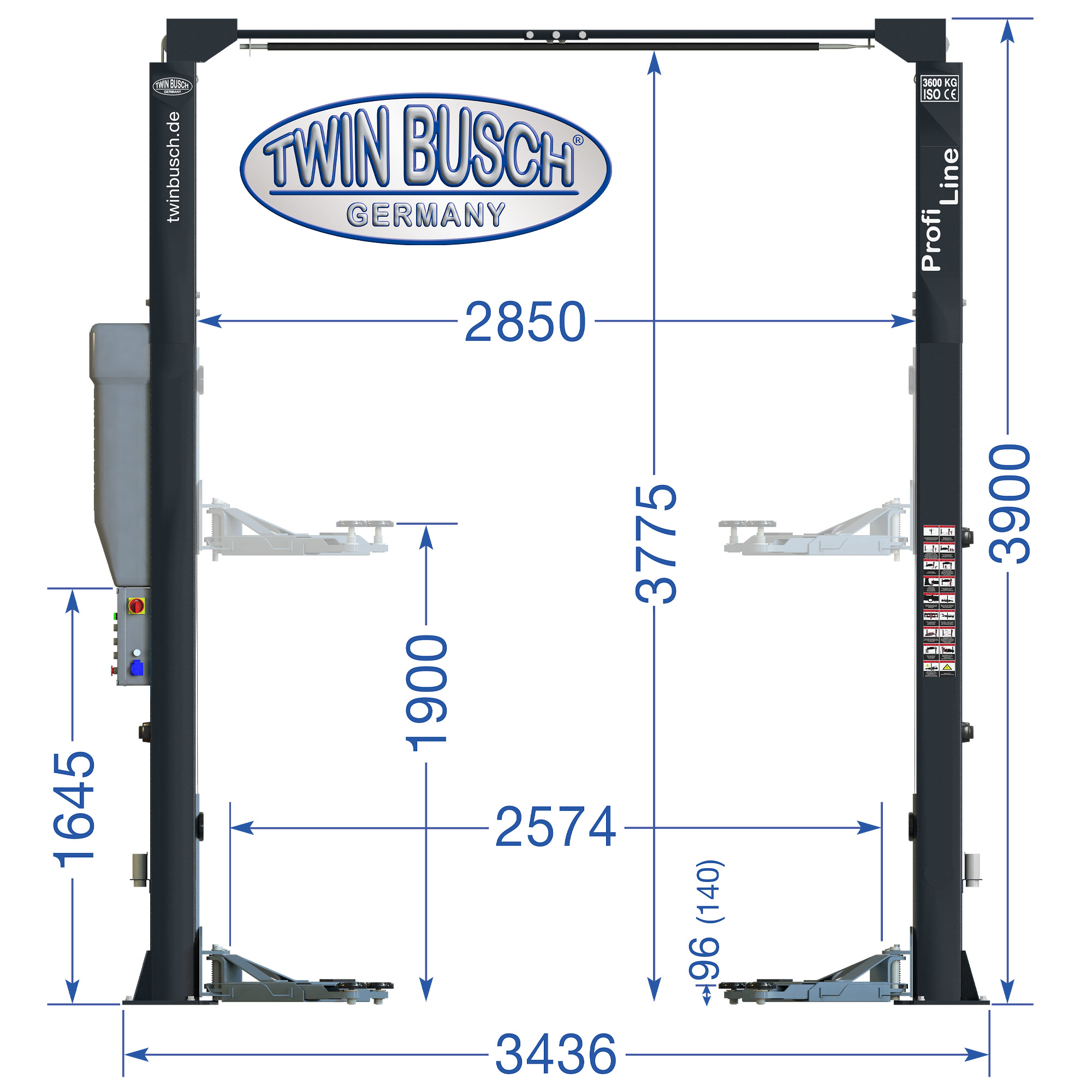 TW236PEB3.9-400-G: 2-koloms hefbrug Profi-Line zonder bodemplaat 3.6 t - GREY-Line - Afbeelding 12