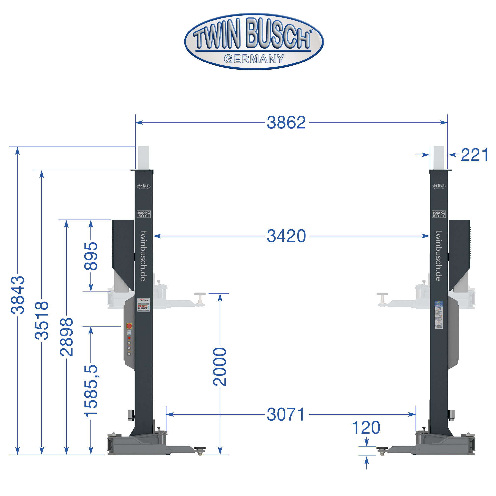 TW280W-400-G: 2-koloms hefbrug Heavy-Line | zonder bodemplaat 8.0 T - GREY-Line - Afbeelding 17